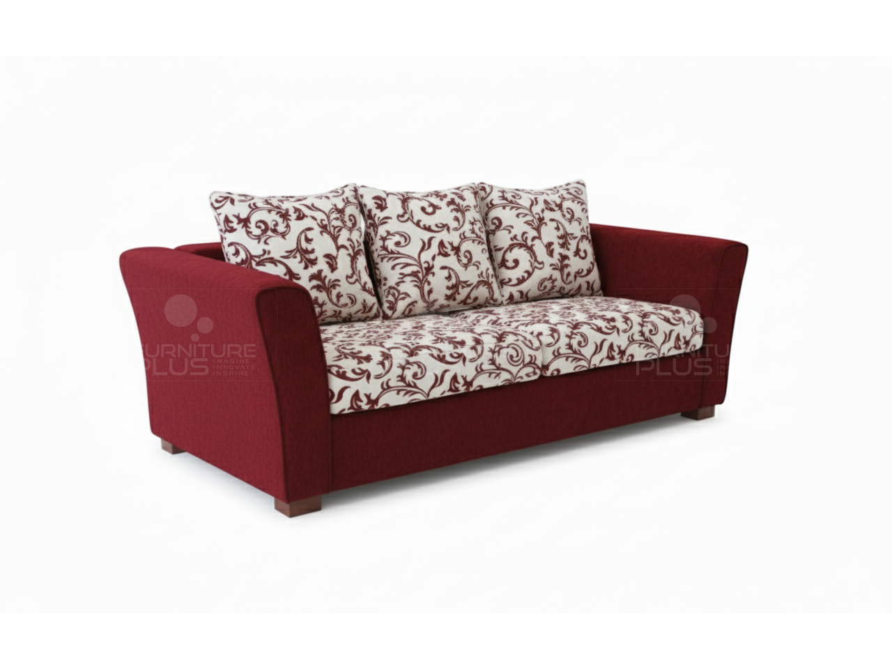 Side view of Burnwood upholstered red three seater sofa