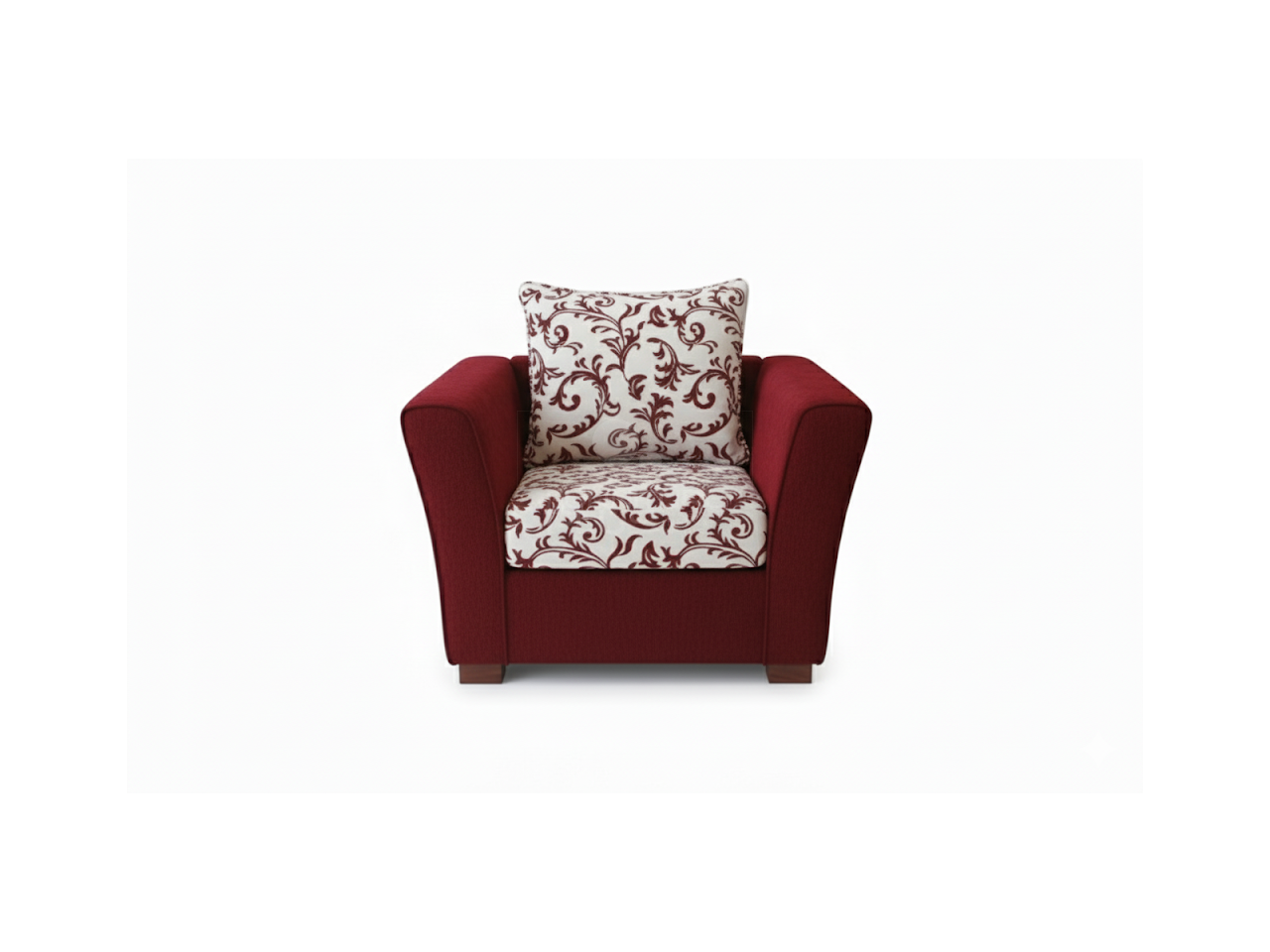 Front view of Burnwood upholstered red single seater sofa