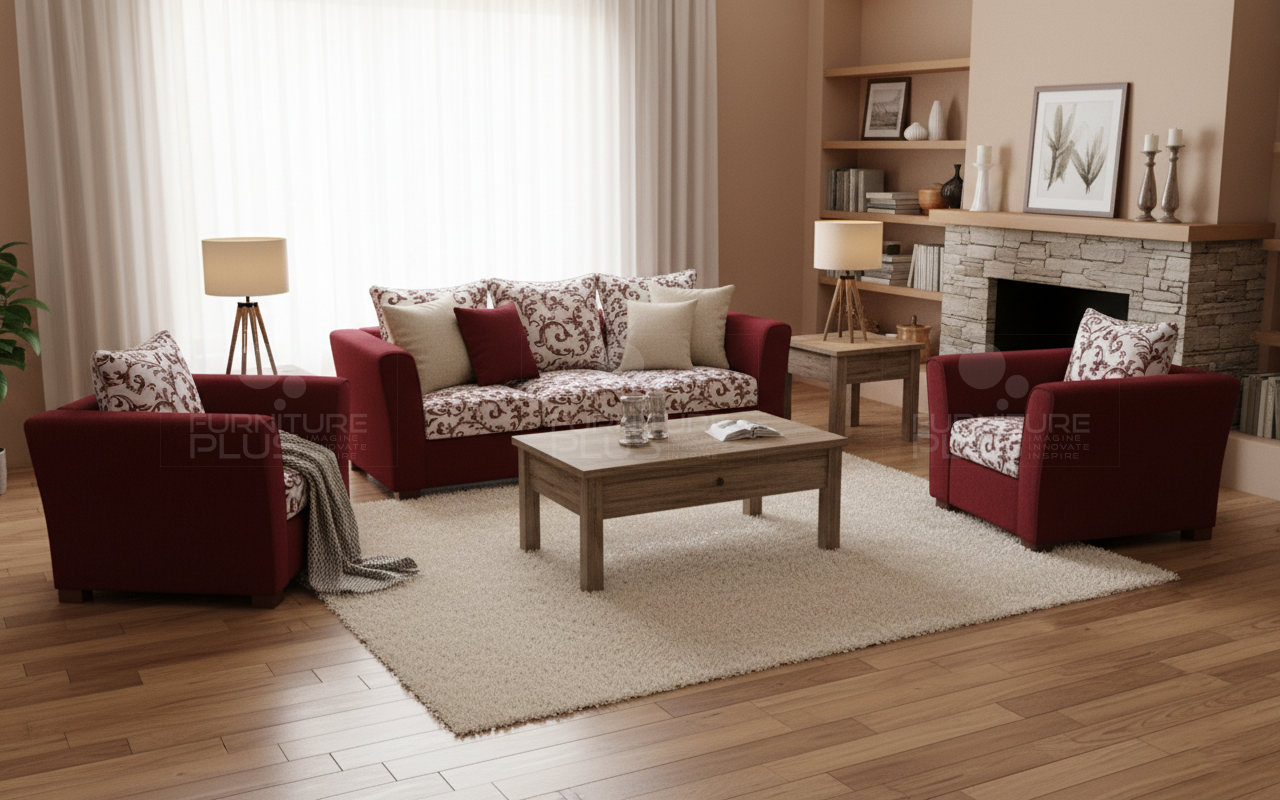 Burnwood red fully upholstered 3+1+1 sofa set with rectangular coffee table in a modern living room