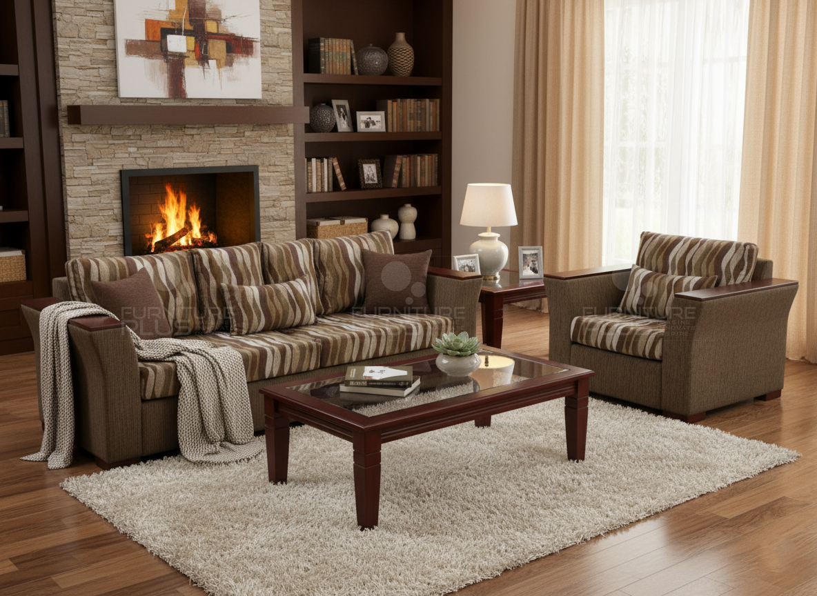 Burnwood TP fully upholstered brown 3+1 sofa with timber plates on arms and rectangular coffee table with glass top in a modern living room