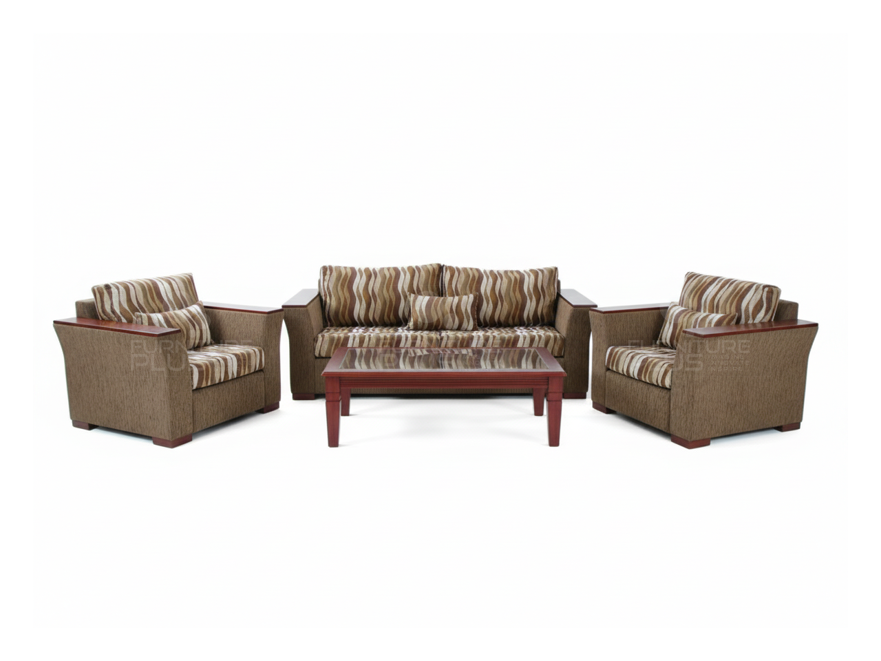 Burnwood TP fully upholstered brown 3+1+1 sofa set with timber plates and rectangular coffee table with glass top