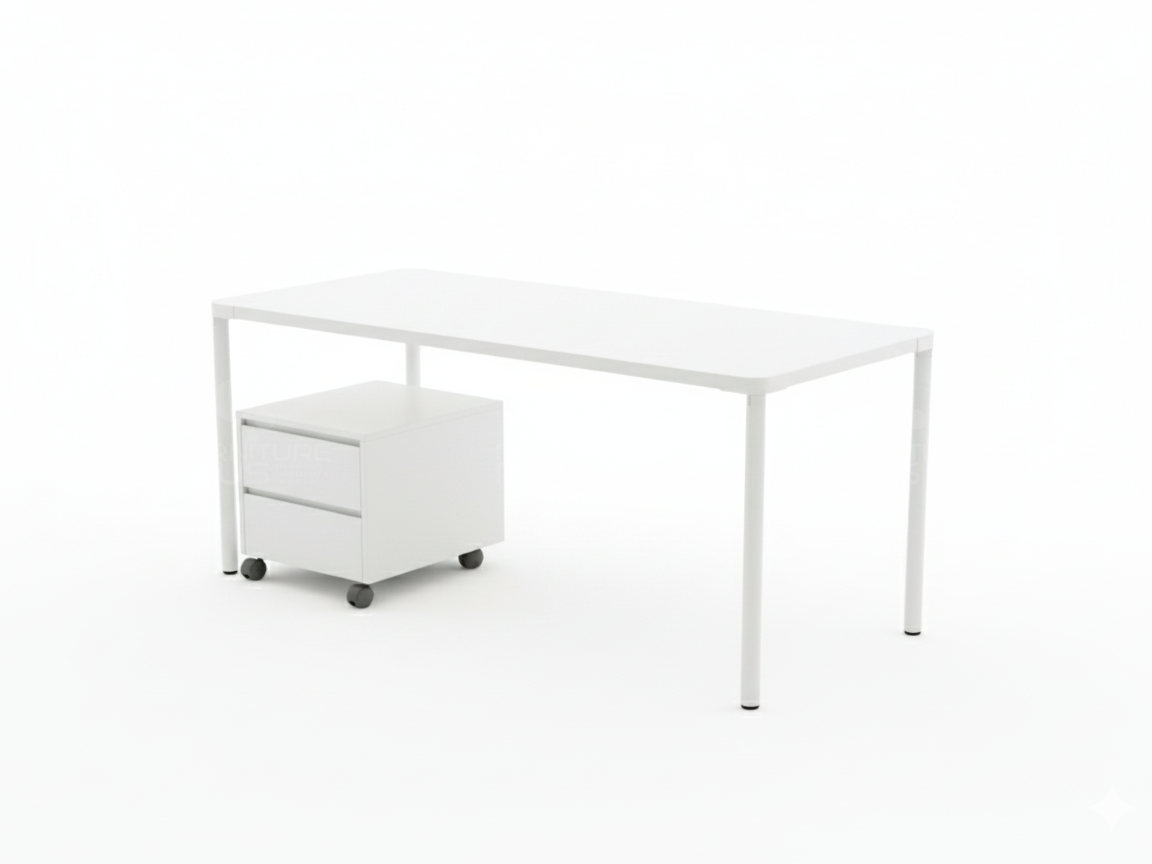 Side view of a clean, minimalist white Byron study desk with a rectangular top and steel legs. Beneath the desk, there is a square green fabric ottoman on the left and a white two-drawer rolling pedestal or file cabinet on the right