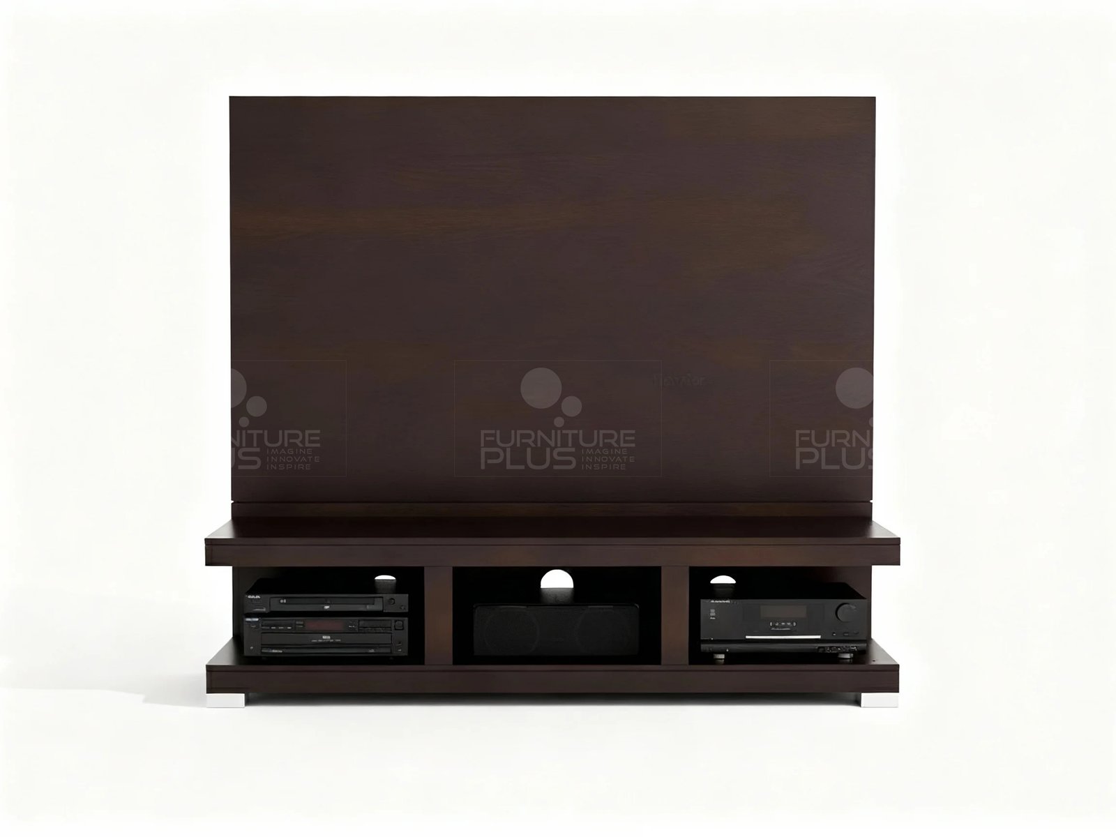 Front view of a minimalist, dark espresso-colored Mahogany wood Caesar media console featuring a low, wide TV stand with a floating appearance, providing three open shelves for media components like receivers and players. A large, plain rectangular back panel extends vertically from the console, creating a cohesive backdrop for a mounted television
