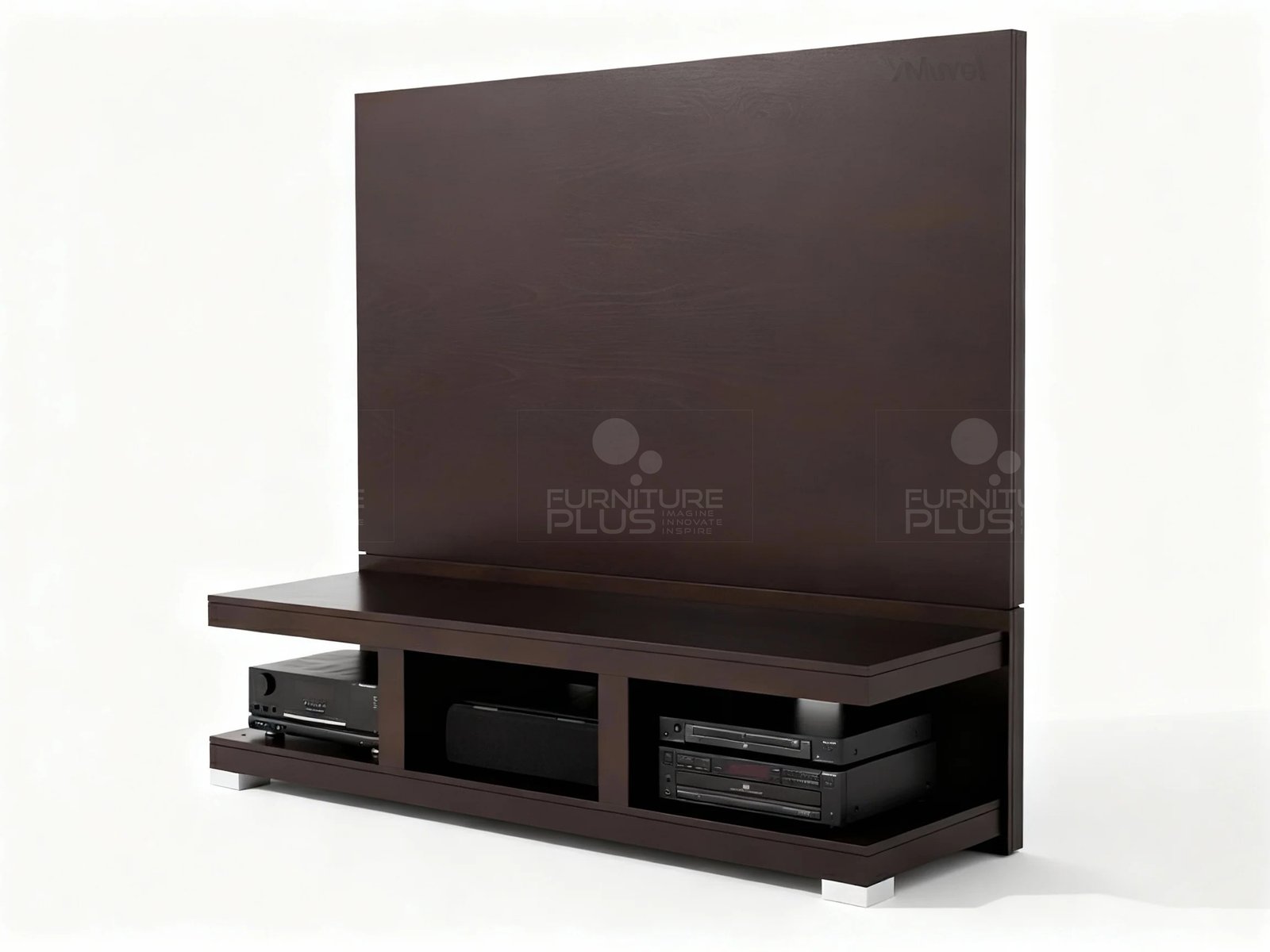 Side view of a minimalist, dark espresso-colored Mahogany wood Caesar media console featuring a low, wide TV stand with a floating appearance, providing three open shelves for media components like receivers and players. A large, plain rectangular back panel extends vertically from the console, creating a cohesive backdrop for a mounted television