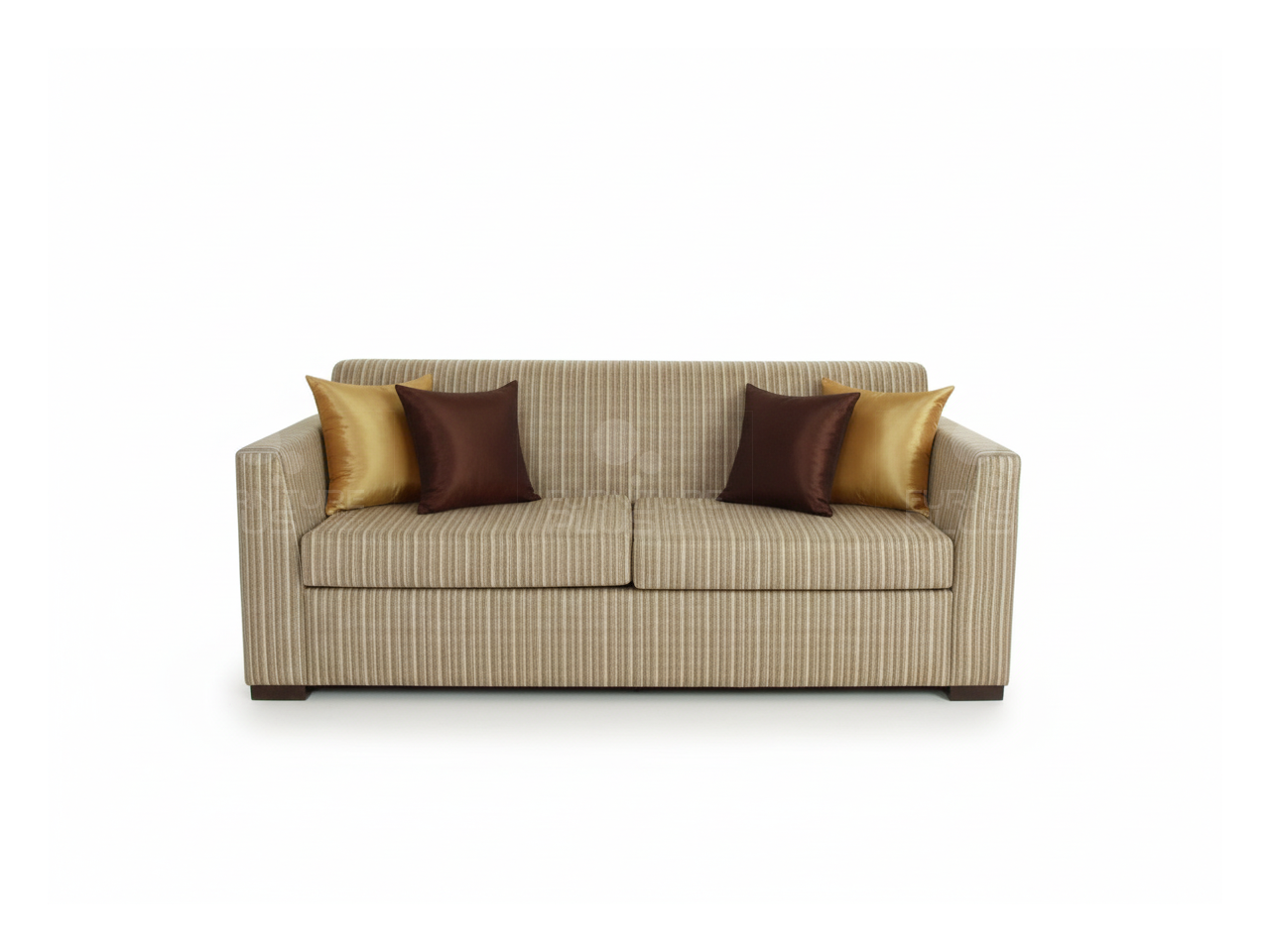 Front view of Cambridge fully upholstered beige three seater sofa with four brown and gold throw pillows