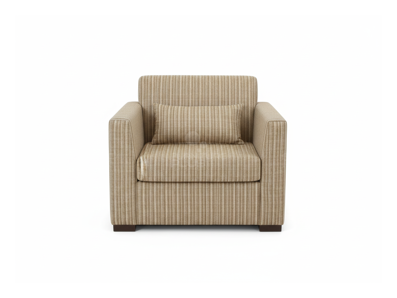 Front view of Cambridge fully upholstered beige single seater sofa with four brown and gold throw pillows