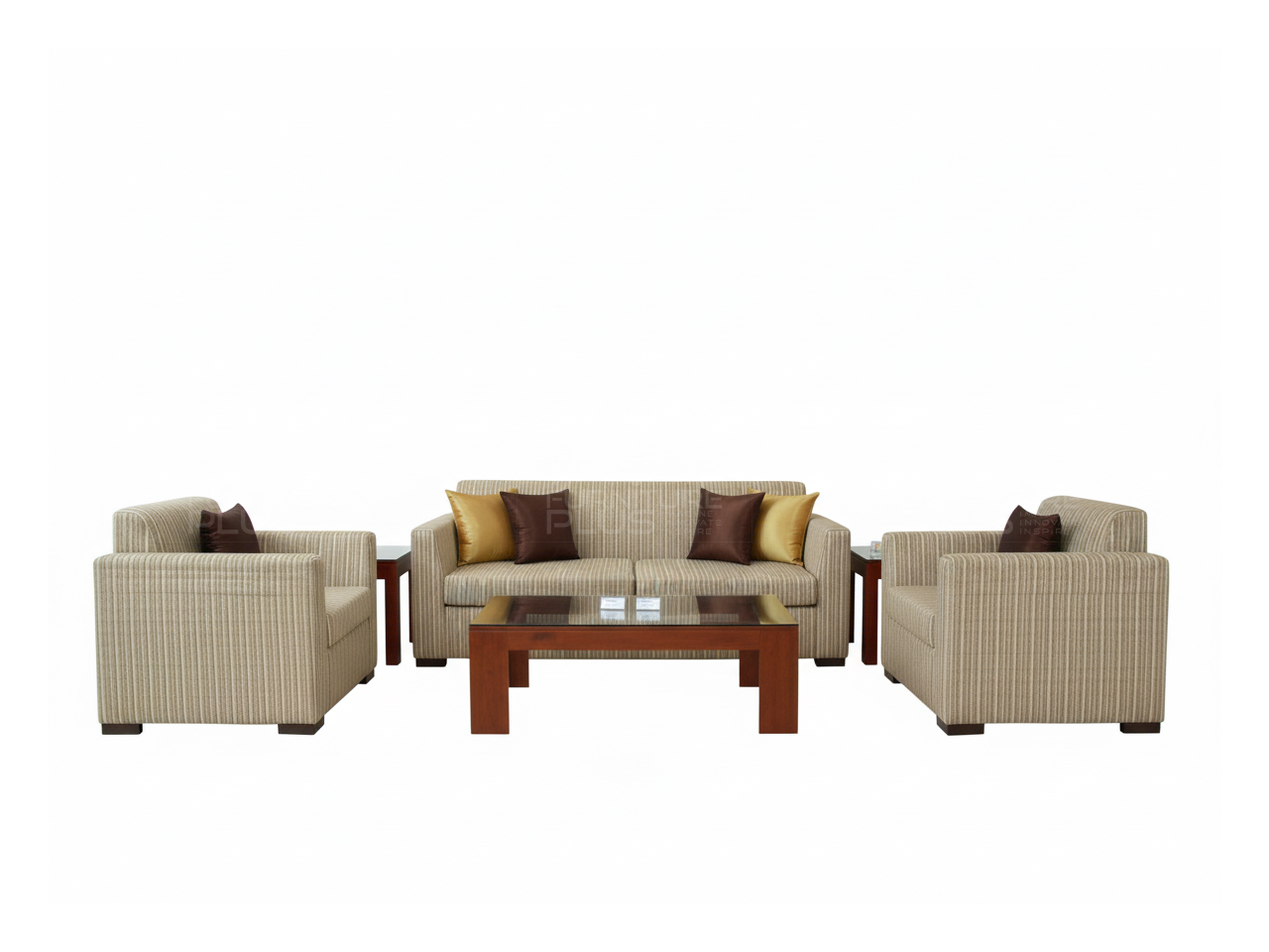 Cambridge fully upholstered beige 3+1+1 sofa set and rectangular coffee table with glass top