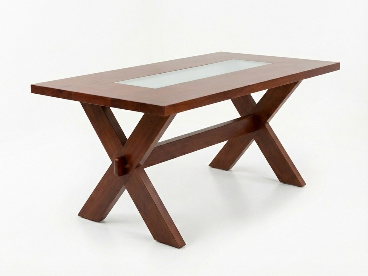 Side view of Carl dining table made of solid Mahogany timber with crossed leg design