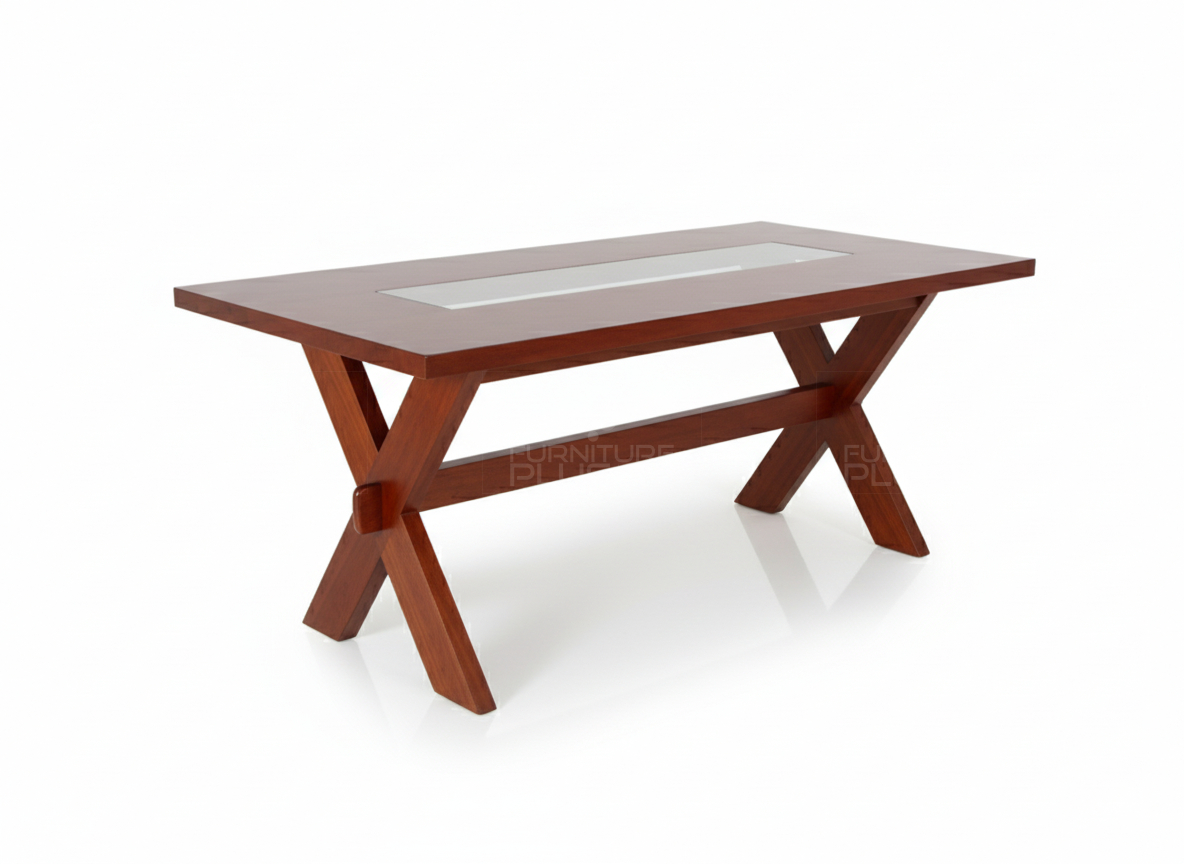 Side view of Carl dining table made of solid Mahogany timber with crossed leg design