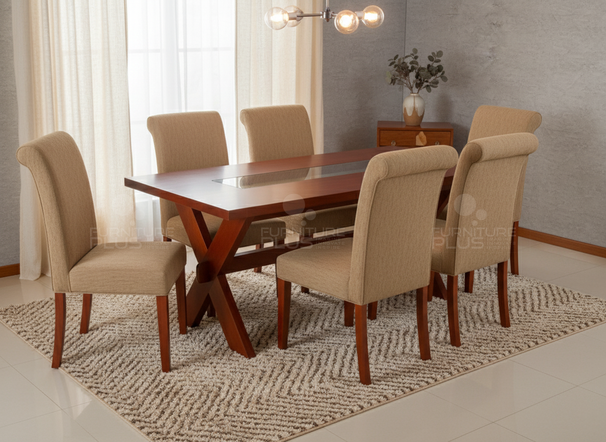 Carl six seater dining table made of solid Mahogany timber with crossed leg design with 6 chairs in a modern dining room