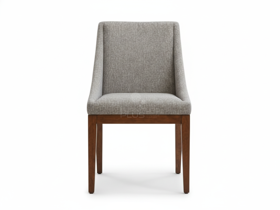 Front view of modern Carmen dining chair featuring a tall, slightly flared back and seat upholstered in light gray tweed or linen-look fabric. The chair sits on four straight, dark mahogany-colored wooden legs