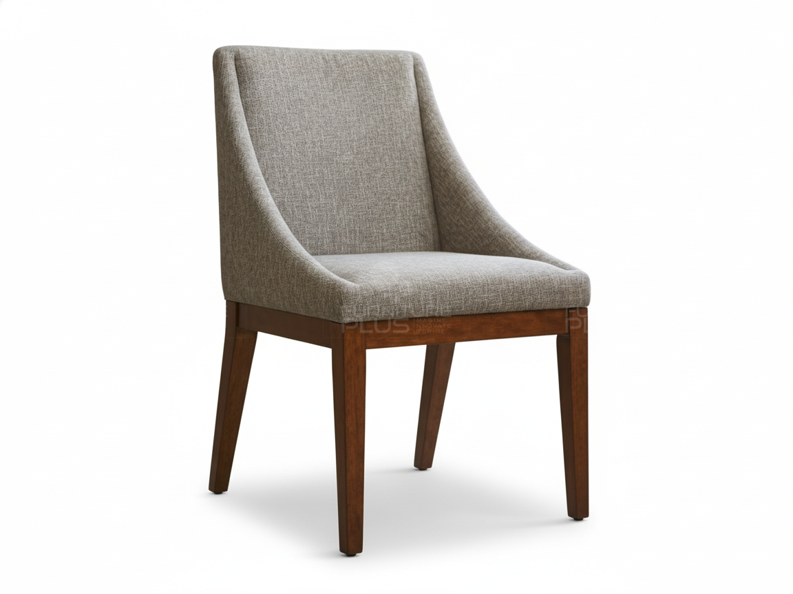 Modern Carmen dining chair featuring a tall, slightly flared back and seat upholstered in light gray tweed or linen-look fabric. The chair sits on four straight, dark mahogany-colored wooden legs