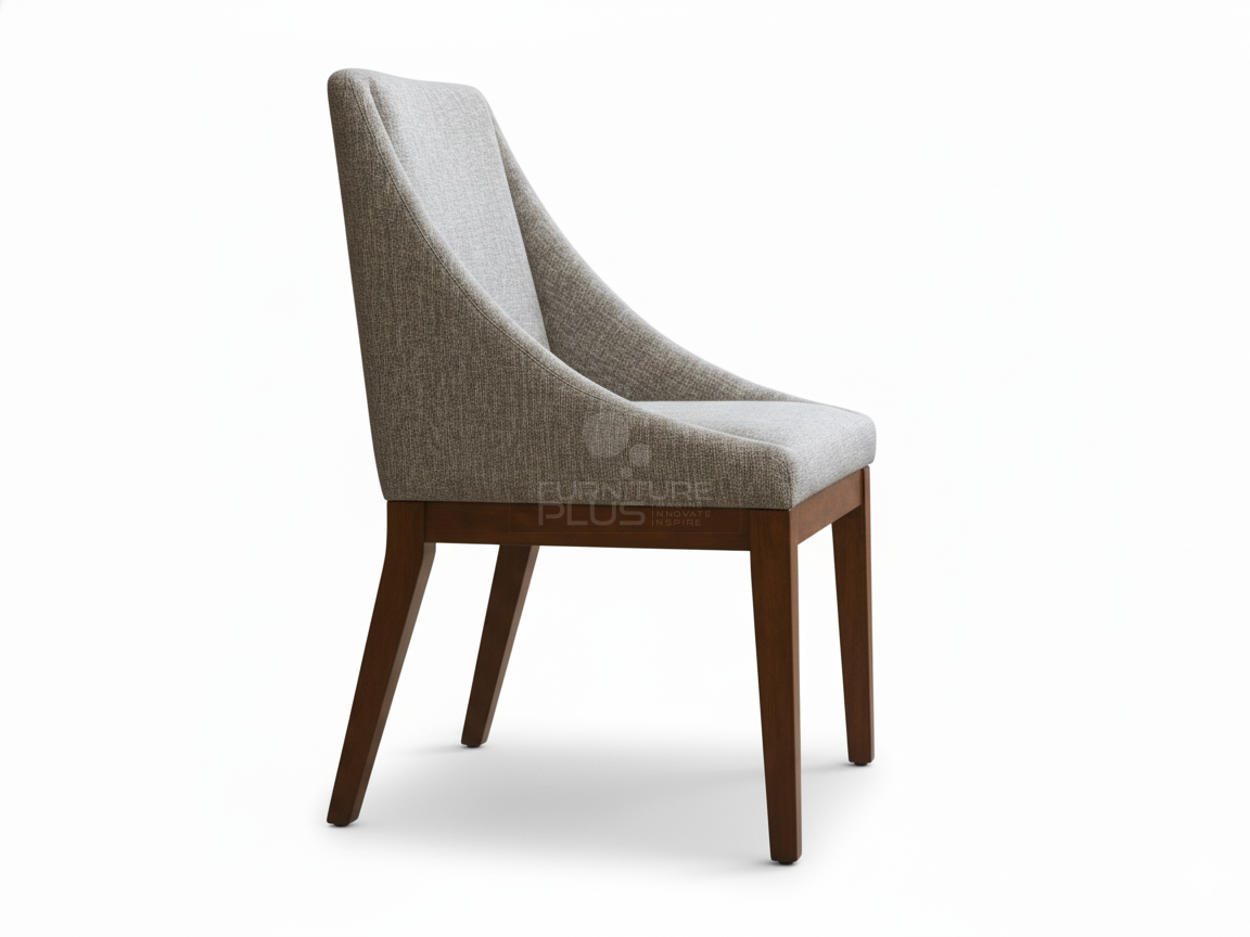 Side view of modern Carmen dining chair featuring a tall, slightly flared back and seat upholstered in light gray tweed or linen-look fabric. The chair sits on four straight, dark mahogany-colored wooden legs