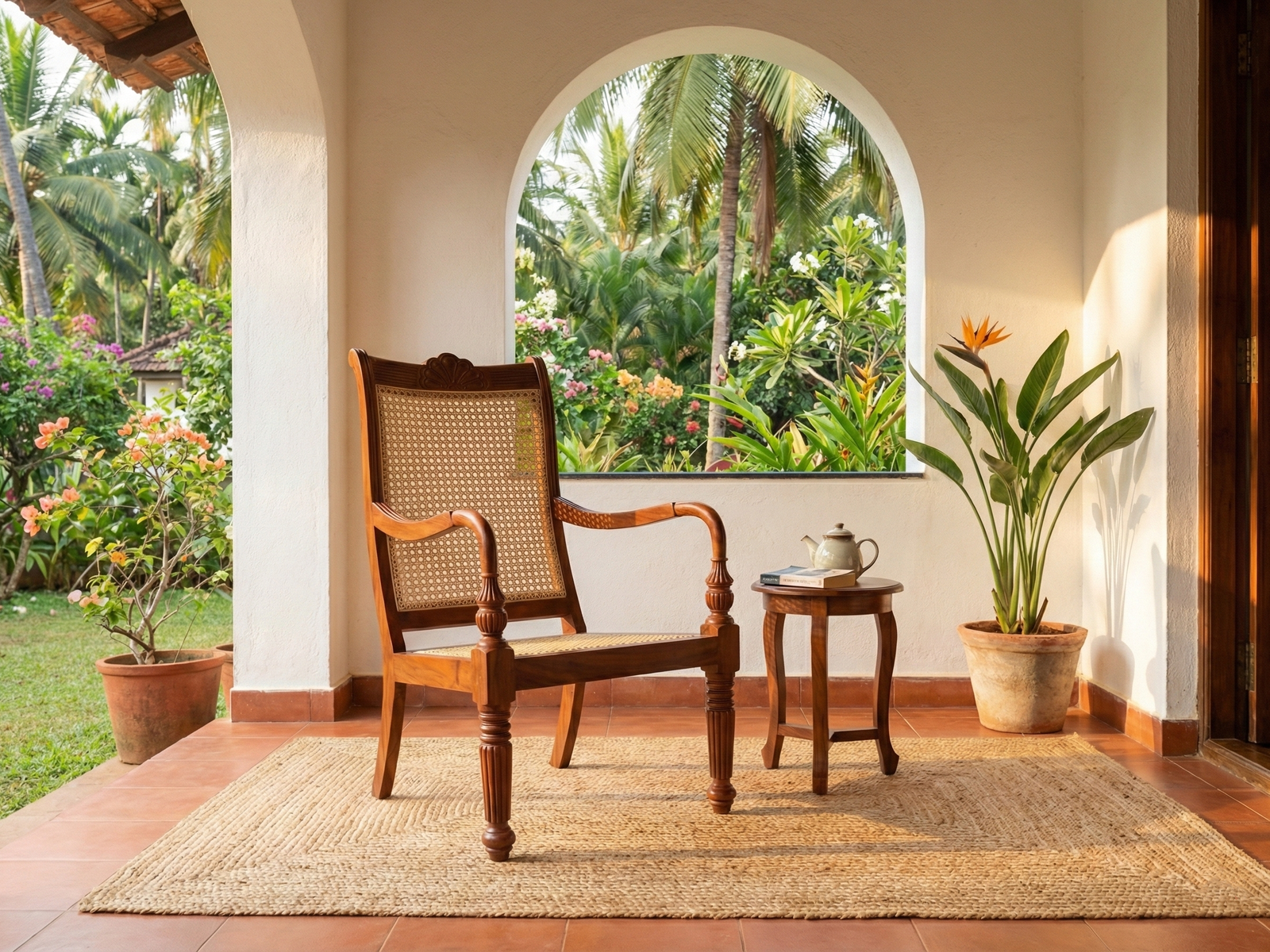 Caroline Easy Chair, a traditional dark wooden chair with cane back and seat, sits on a woven natural fiber rug on a terracotta-tiled veranda. The chair is placed next to a small, round wooden side table holding a teapot and a book. Behind the furniture, a wide arched opening frames a lush, tropical garden filled with palm trees, flowering bushes, and green foliage, with a potted Bird of Paradise plant nearby