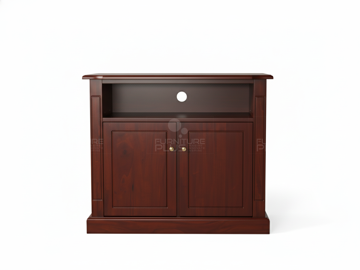 Front view of a traditional, vertically oriented Casablanca TV stand or media cabinet made of dark cherry or mahogany wood. It features an open shelf section at the top with a cable management hole, and a lower enclosed section with two paneled doors and brass knobs. The unit has crown moulding detailing and is displayed against a white background