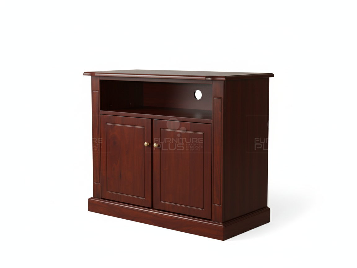 Side view of a traditional, vertically oriented Casablanca TV stand or media cabinet made of dark cherry or mahogany wood. It features an open shelf section at the top with a cable management hole, and a lower enclosed section with two paneled doors and brass knobs. The unit has crown moulding detailing and is displayed against a white background