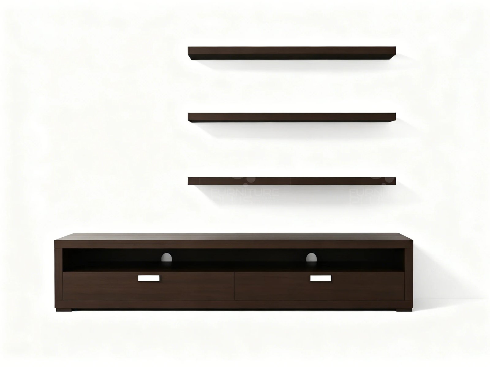 Front view of a modern Casper multimedia unit in a dark espresso Mahogany wood finish. The low, wide TV console features two large storage drawers with silver pulls and two open media shelves above them. Above the console are three identical, minimalist, thick dark wood floating shelves mounted on the wall