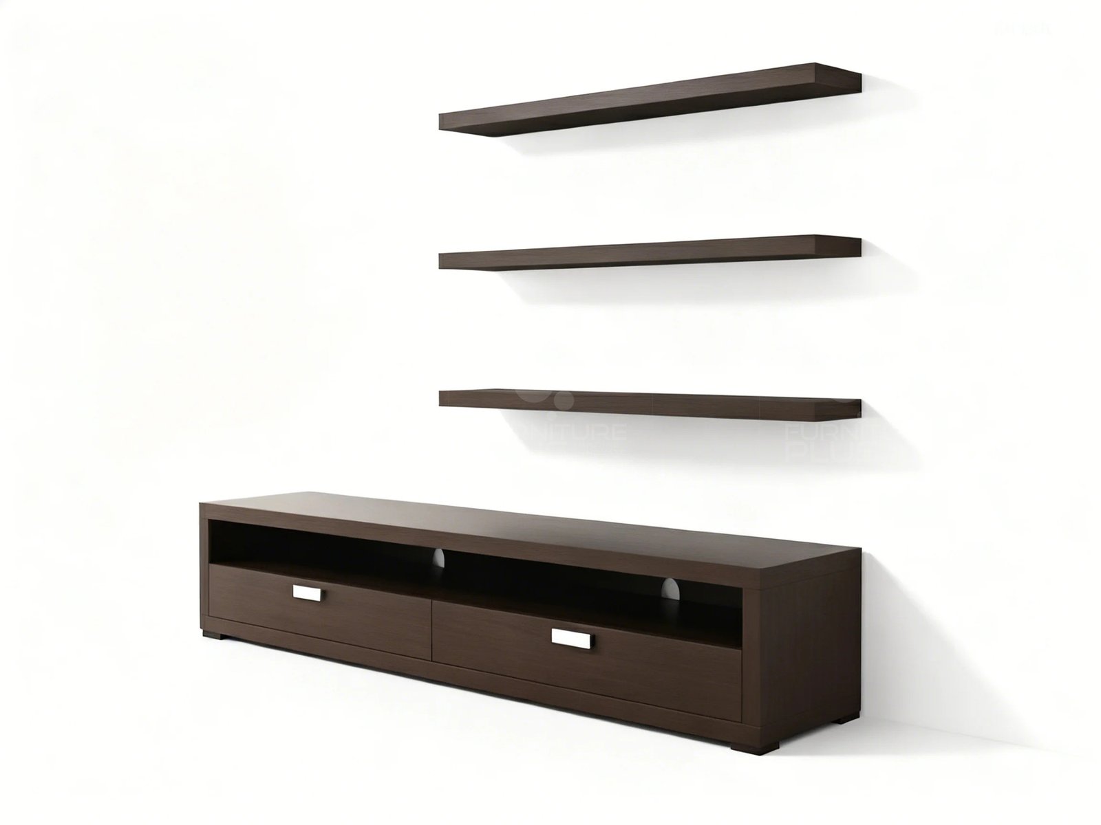 Side view of a modern Casper multimedia unit in a dark espresso Mahogany wood finish. The low, wide TV console features two large storage drawers with silver pulls and two open media shelves above them. Above the console are three identical, minimalist, thick dark wood floating shelves mounted on the wall