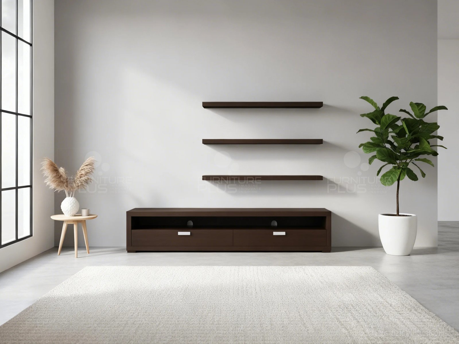 A minimalist living space featuring a dark espresso Mahogany wood Casper media unit against a light gray wall. The unit consists of a wide, low TV console with two drawers and open shelves, and three matching floating shelves mounted directly above it