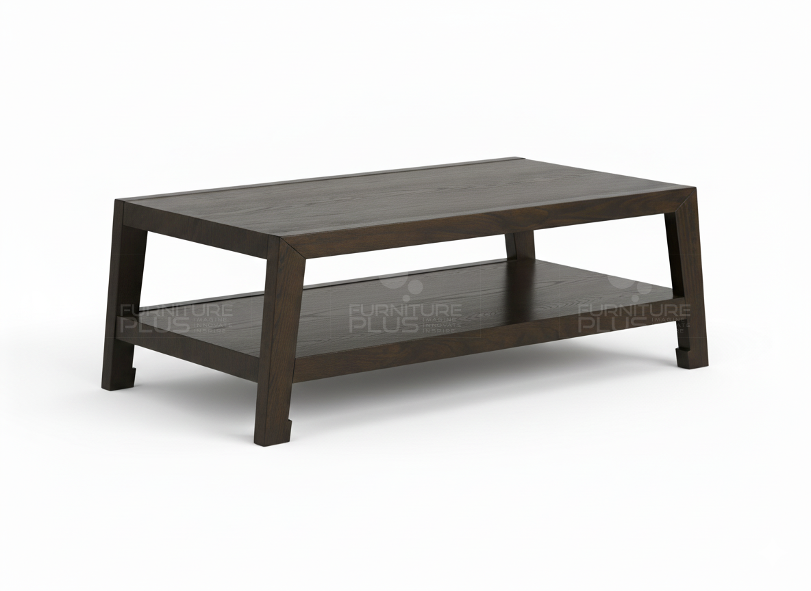 Side view of Cedric coffee table made out of solid mahogany wood with storage compartment below the table top