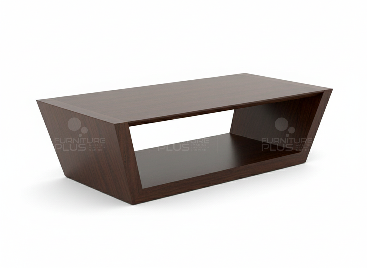 Side view of rectangular Charlie coffee table with slanted leg panels made out of solid mahogany timber