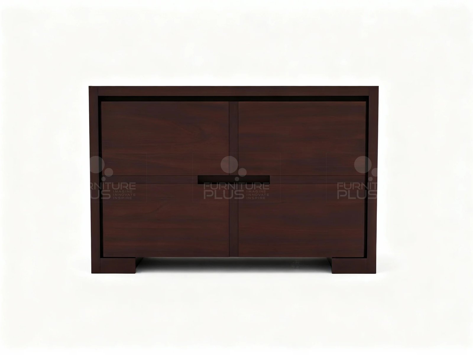 Front view of Clark dark mahogany-finish four-door cabinet or chest with a recessed handle opening in the center