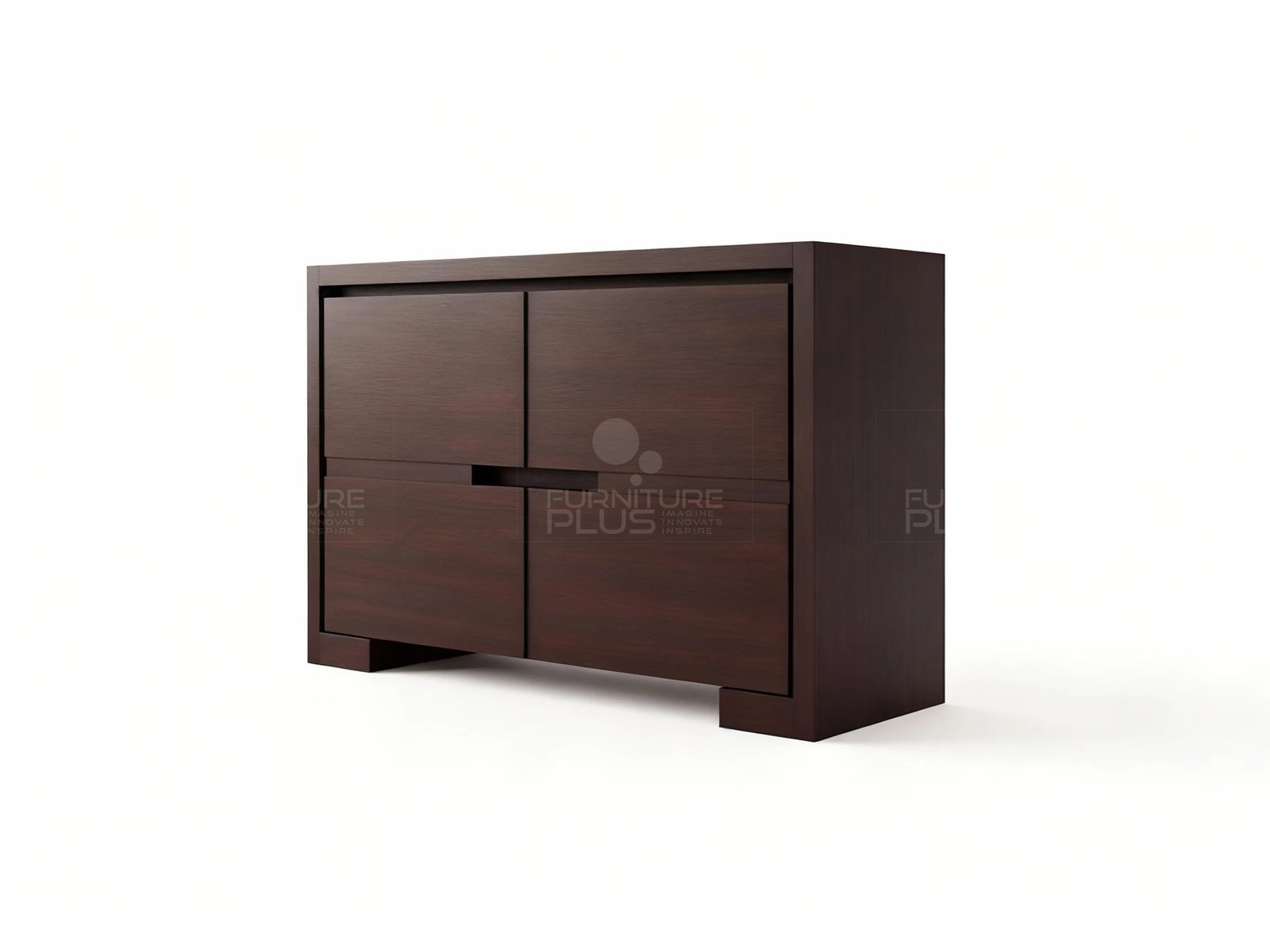 Side view of Clark dark mahogany-finish four-door cabinet or chest with a recessed handle opening in the center
