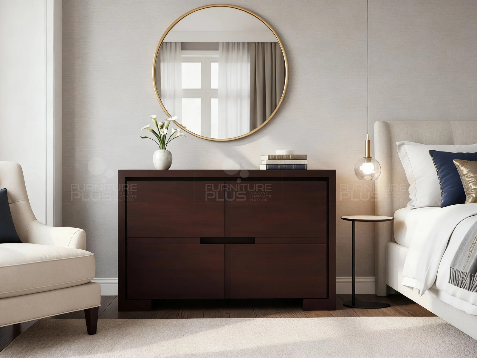 Clark dark wood storage chest/cabinet with a recessed handle, staged in an elegant bedroom with light gray wallpaper