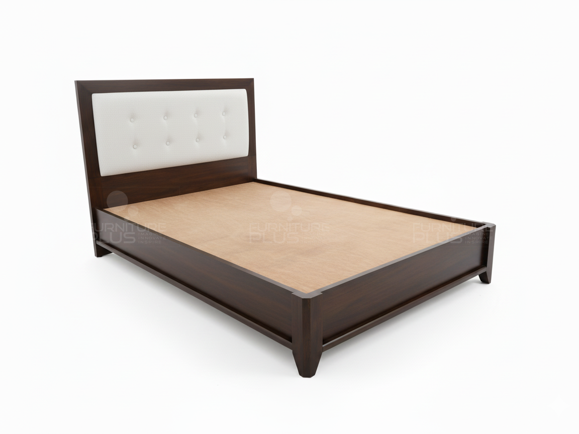 Side view of Cleon Mahogany wooden bed frame with a tapered leg design and a tall headboard featuring a white, button-tufted upholstered panel