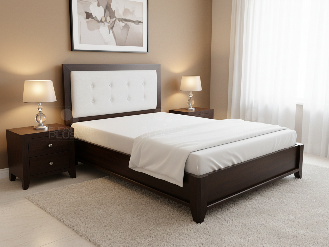 Staged bedroom featuring a Cleon mahogany bed with a white button-tufted headboard insert, matching two-drawer nightstands, and warm taupe walls