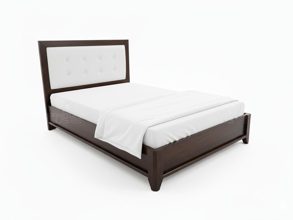 Side view of Cleon Mahogany wooden bed frame with a tapered leg design and a tall headboard featuring a white, button-tufted upholstered panel and mattress