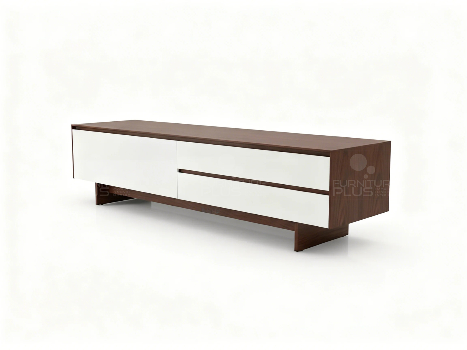 Side view of a modern, long, low Cleopatra TV stand / console with a sleek, two-tone design. The exterior is dark brown Mahogany wood, and the front features a large white cabinet door on the left and two stacked white drawers on the right. The unit rests on a recessed wooden base, creating a floating effect
