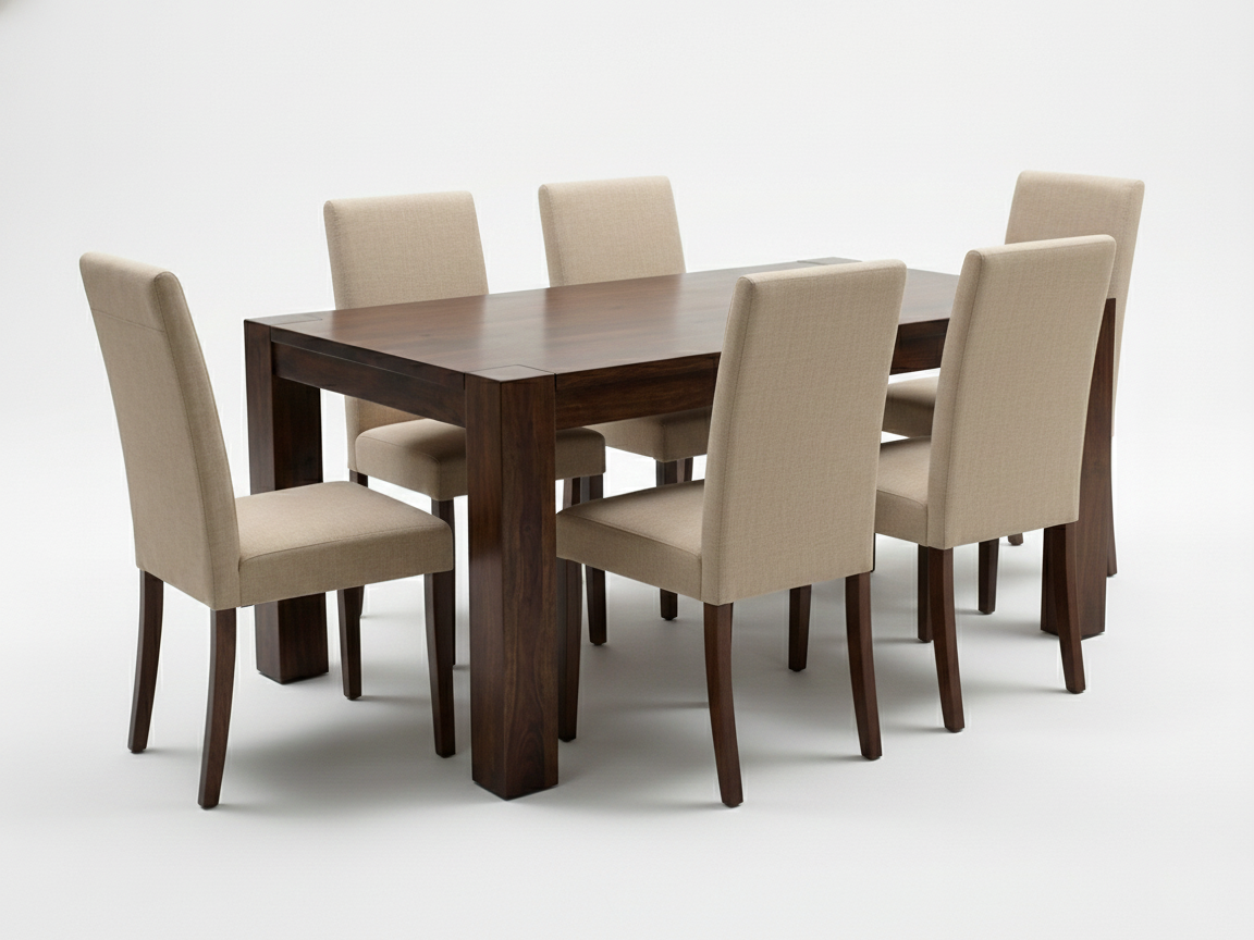 Side view of Colin dining table made of solid Mahogany timber with solid top joined to chunky square legs with 6 Jennifer Chairs
