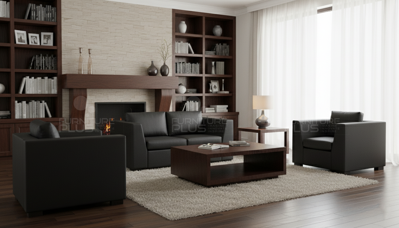 Colombia fully upholstered black PVC leather 3+1+1 sofa set with rectangular mahogany coffee table in a modern living room