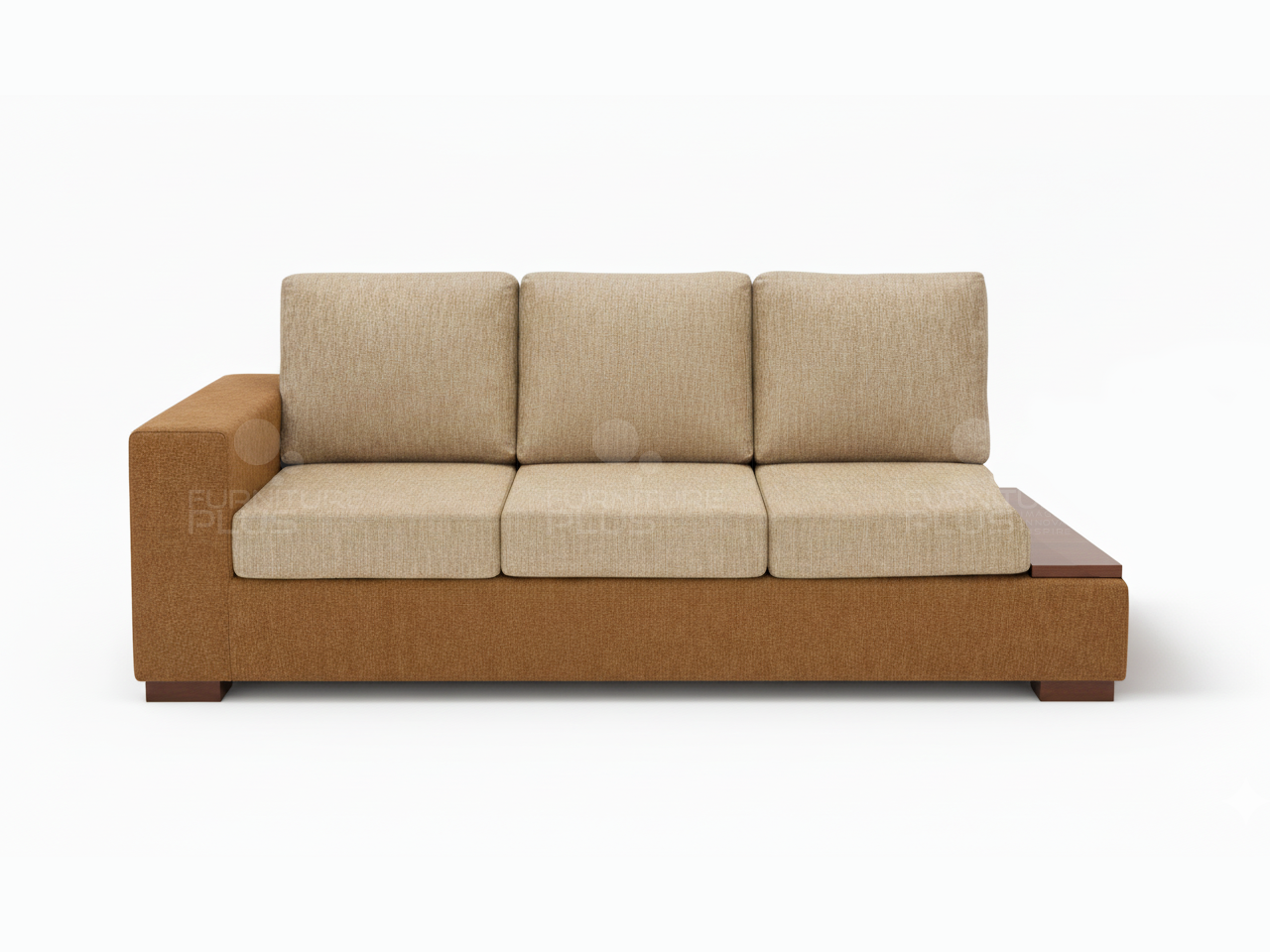 Front view of brown Dakota three seater sofa with drop arm timber plate with drop arm timber plate
