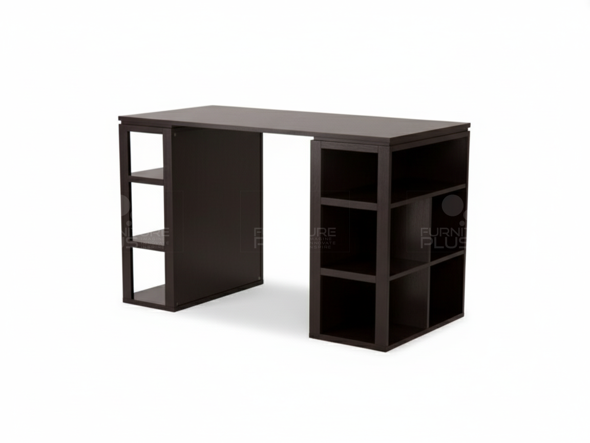 Side view of A modern, dark espresso Dannie study desk with a solid top and open shelving storage. The desk is supported by a vertical three-shelf unit on the left and a larger, six-cubby shelf unit on the right, providing a central knee space