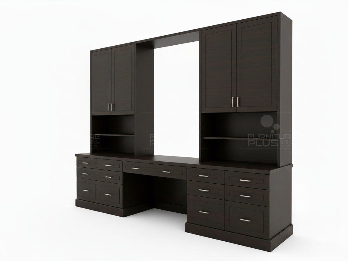 Side view of massive, symmetrical dark espresso or wenge-finish Delmira study wall unit. It features a central desktop with a knee space and two built-in drawer pedestals containing ten storage drawers. Above the desk are two large, tall units, each with double-door cabinets over open shelves, framing a central open space