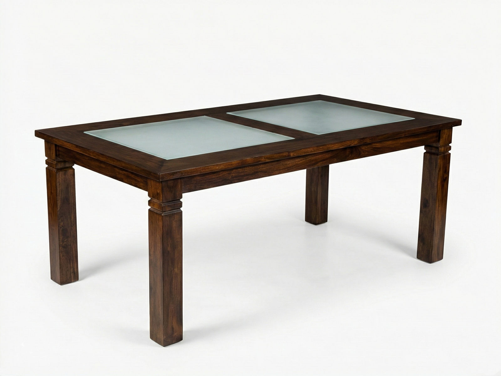 Side view of Denver glass top dining table with solid square legs and frame made of Mahogany wood