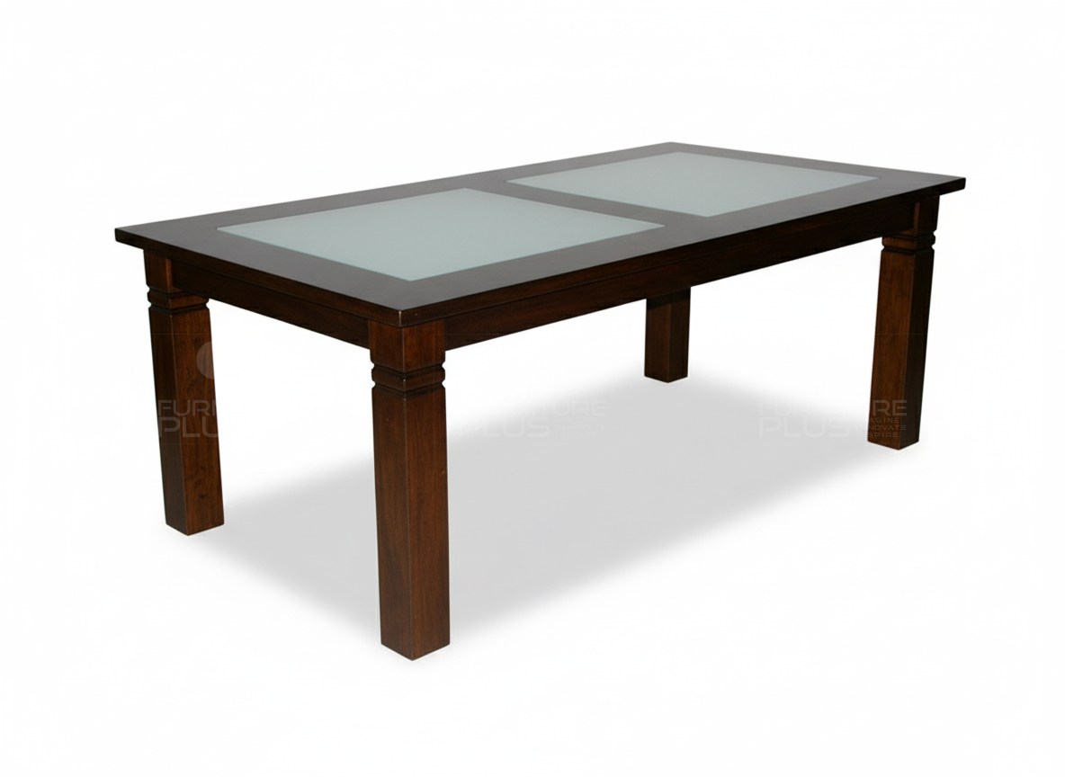Side view of Denver glass top dining table with solid square legs and frame made of Mahogany wood
