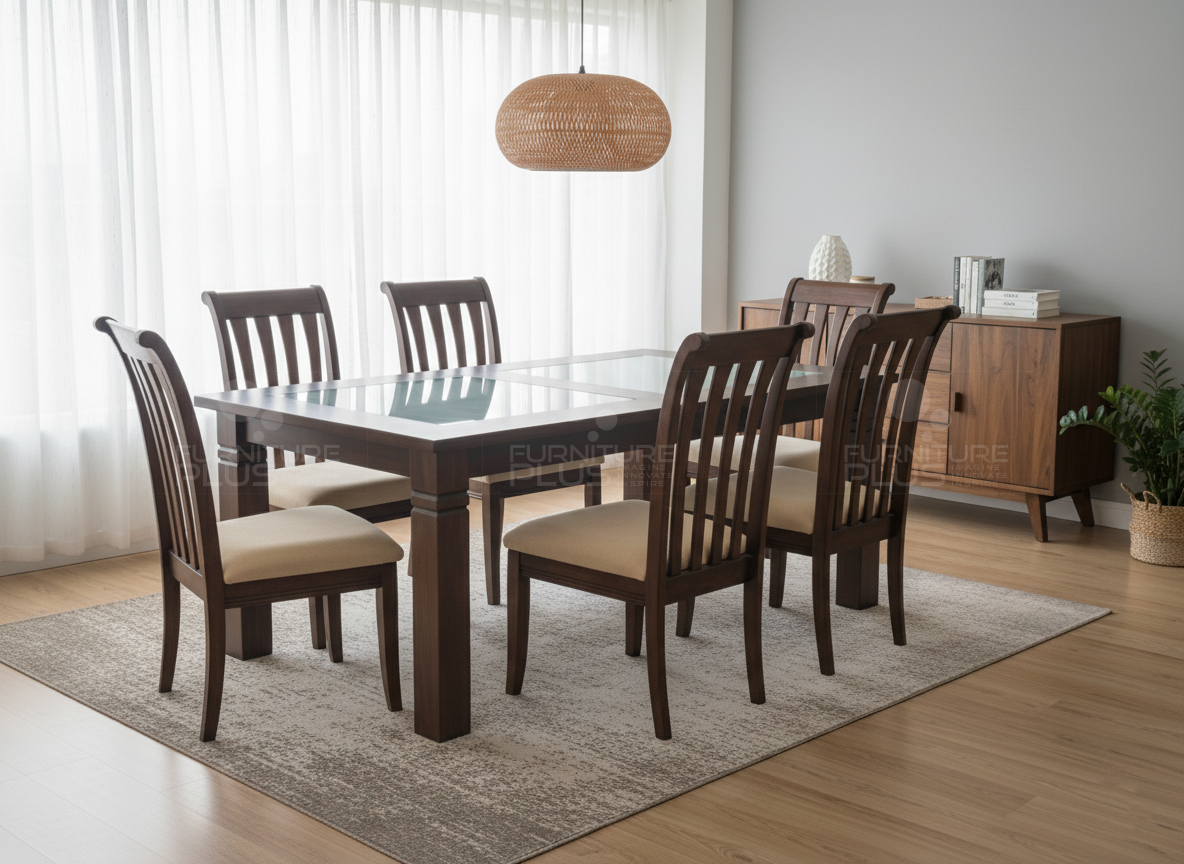 Denver glass top six seater dining table set with solid square legs and frame made of Mahogany wood with 6 dining chairs in a modern dining room