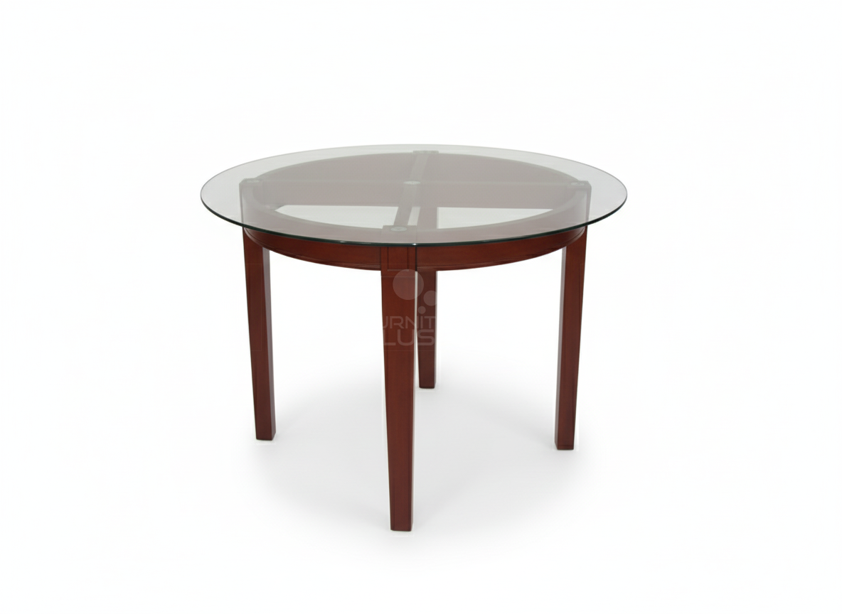 Side view of Devon circular dining table with Mahogany wood base frame and glass top