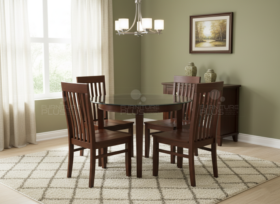 Devon four seater circular dining table set with Mahogany wood base frame and glass top with 4 dining chairs in a modern dining room