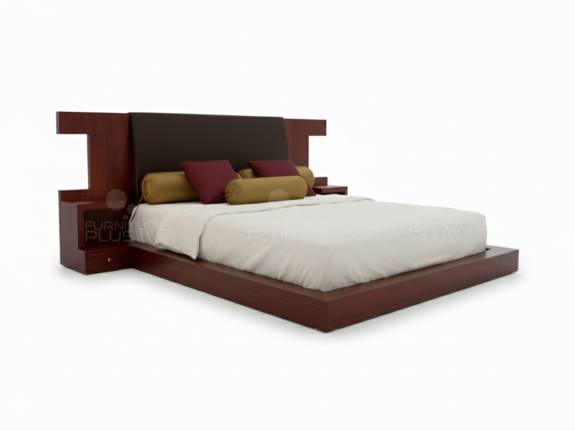 Side view of Diana architectural dark Mahogany wood platform bed with a large brown upholstered headboard panel and asymmetrical integrated nightstands and storage with mattress