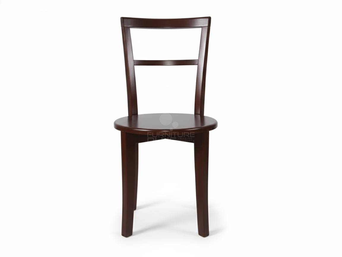 Front view of Dolly wooden cafe or dining chair in a rich espresso finish. It has a minimalist design with a solid circular seat and a tall back formed by two horizontal crossbars