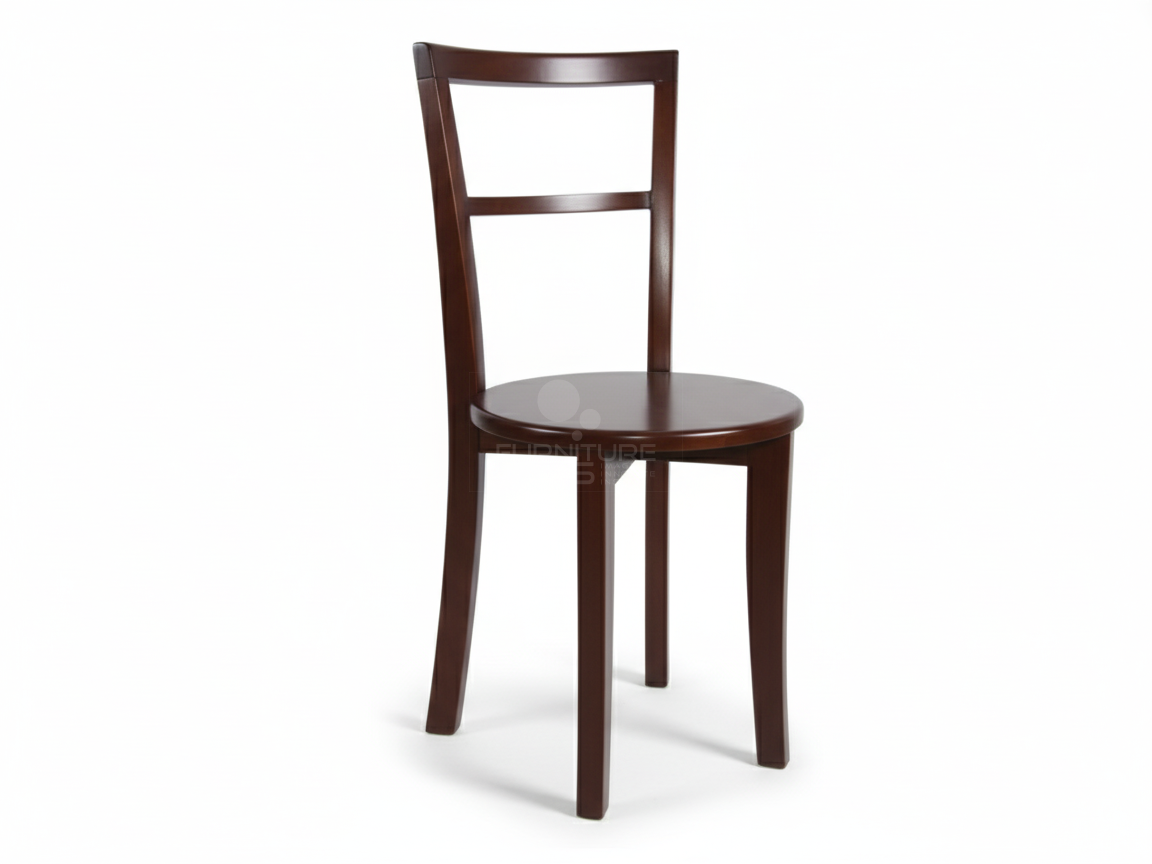 Dolly wooden cafe or dining chair in a rich espresso finish. It has a minimalist design with a solid circular seat and a tall back formed by two horizontal crossbars