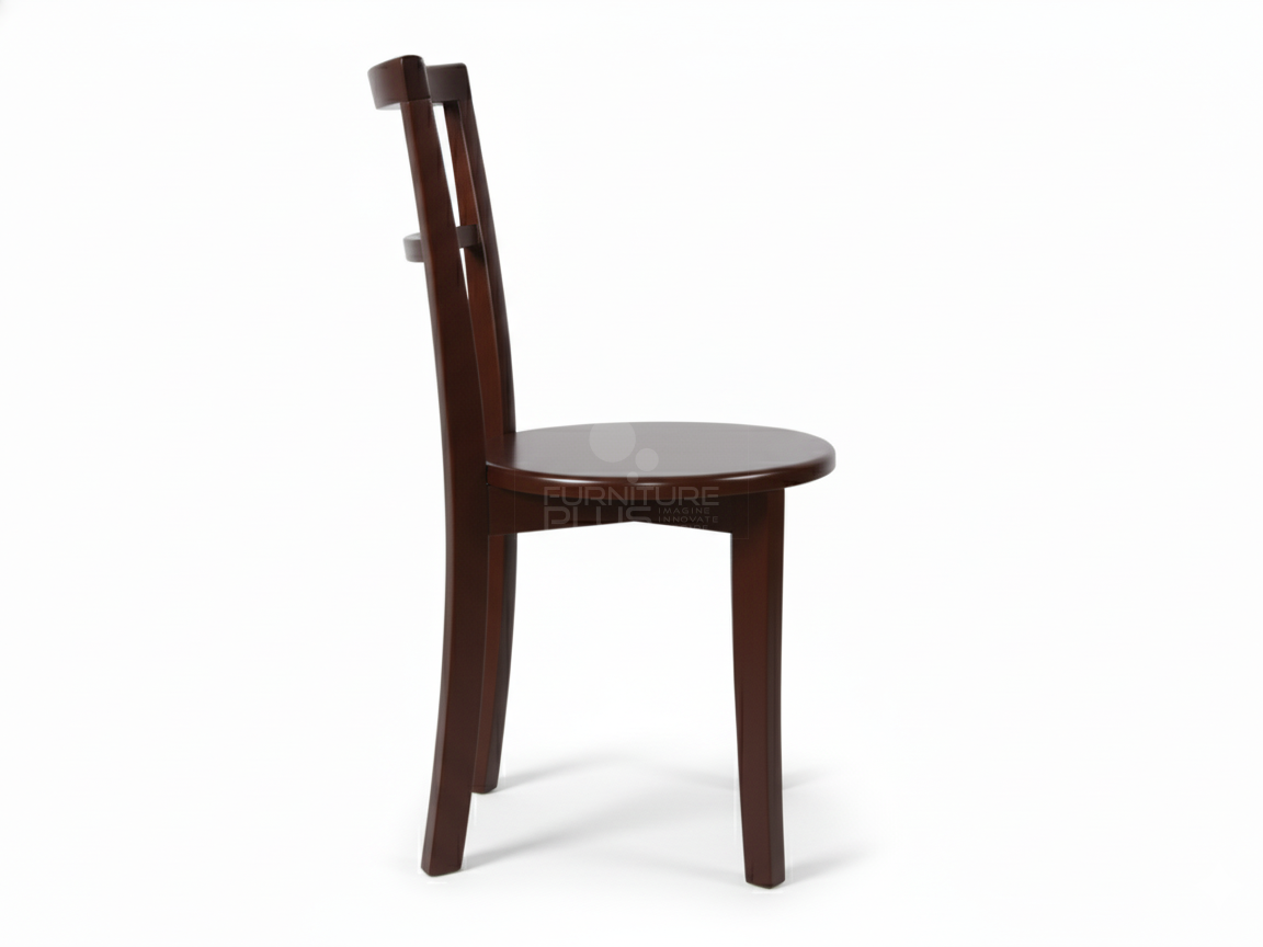 Side view of Dolly wooden cafe or dining chair in a rich espresso finish. It has a minimalist design with a solid circular seat and a tall back formed by two horizontal crossbars