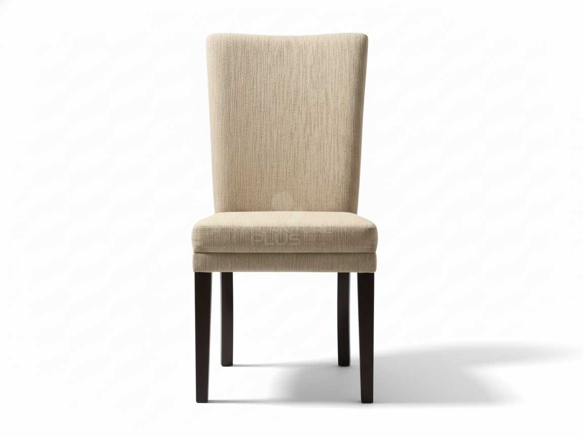 Front view of Dora modern dining chair with a tall, straight back that gently curves at the top. The seat and back are covered in a neutral-toned linen-look fabric, and the chair has straight, dark espresso wood legs