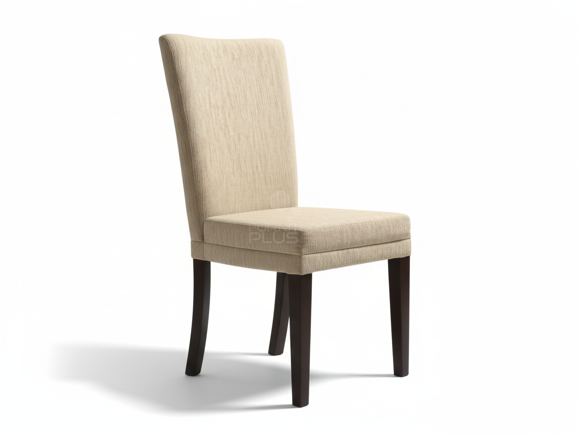Dora modern dining chair with a tall, straight back that gently curves at the top. The seat and back are covered in a neutral-toned linen-look fabric, and the chair has straight, dark espresso wood legs