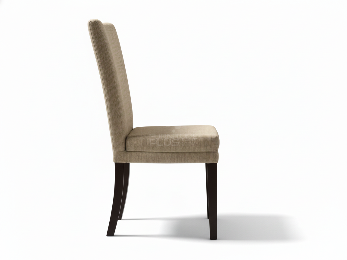 Side view of Dora modern dining chair with a tall, straight back that gently curves at the top. The seat and back are covered in a neutral-toned linen-look fabric, and the chair has straight, dark espresso wood legs