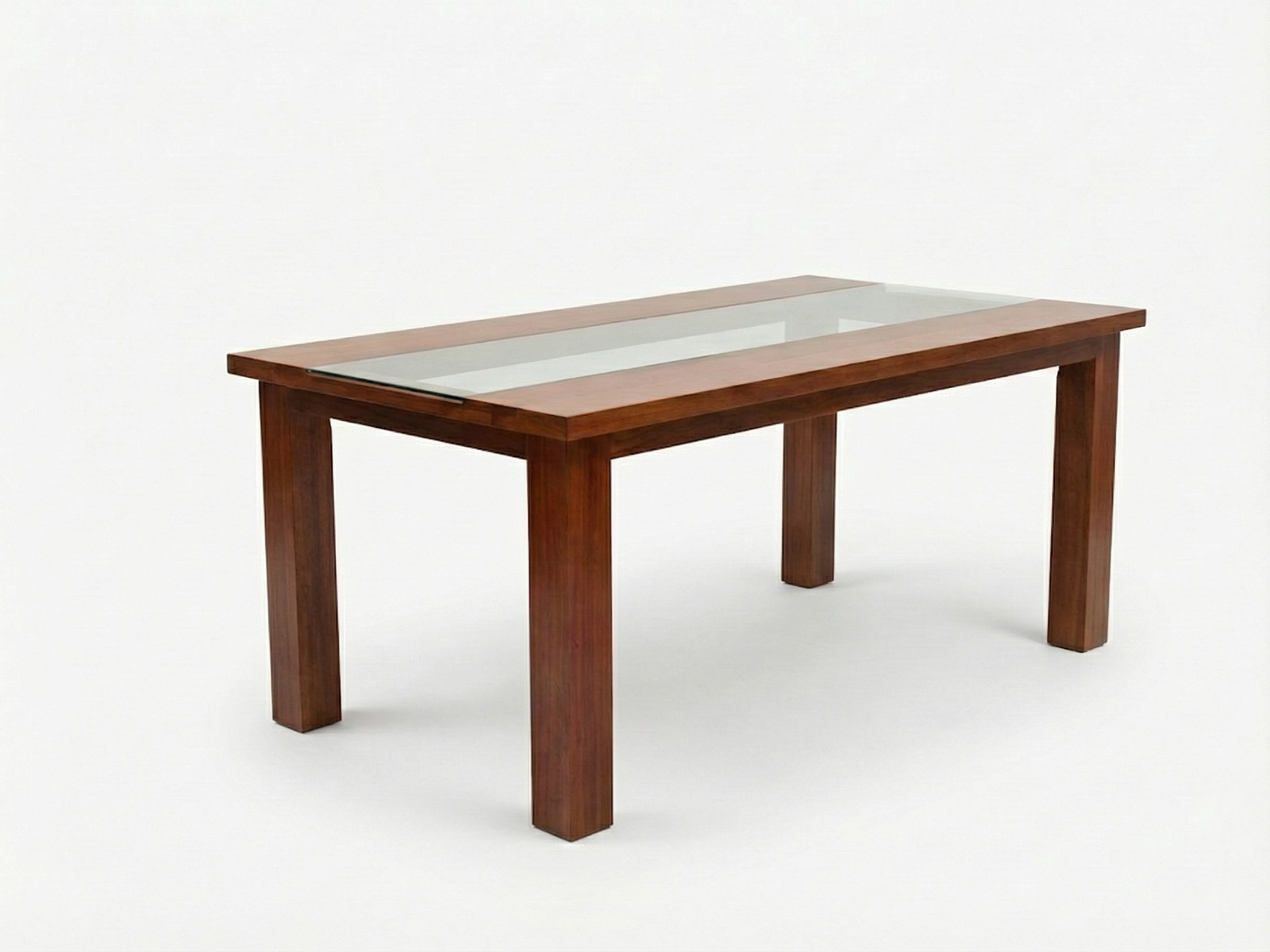 Side view of Duane timber top dining table made out of Mahogany wood with glass strip in middle